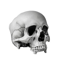 Obraz premium A detailed view of a human skull, highlighting its bone structure. It appears to be a representation of a human skull, suitable for educational or artistic purposes.