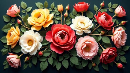 Vibrant floral composition realistic impressionist painting of lush roses and peonies in a rich display of colorful blooms against a dark background