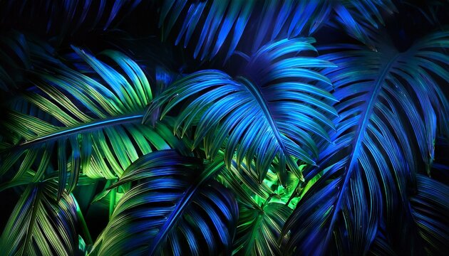 tropical leaves illuminated with blue and green