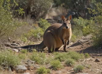 Naklejka premium Rock wallaby grazing amongst sparse vegetation, rock wallaby, vegetation, grazing