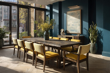 Fototapeta premium Sunny dining room interior, showcasing a long wooden table with yellow chairs, plants, and artwork. Modern design, ideal for showcasing restaurant or home decor