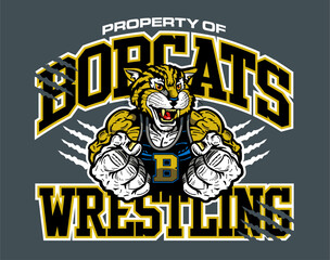property of wrestling team design with bobcat mascot for school, college or league sports