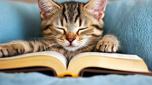 Cozy Cat Reading: A serene and heartwarming image of a tabby cat peacefully resting atop an open book, embodying tranquility and the love of learning.