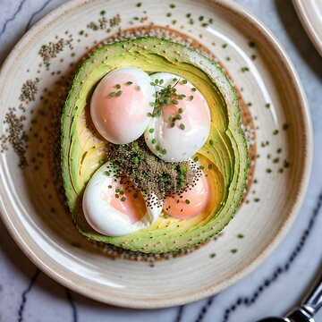 Gourmet Avocado Toast with Poached Eggs: Stylish avocado toast with runny poached eggs, ideal for brunch menus, cafes, and healthy food marketing."