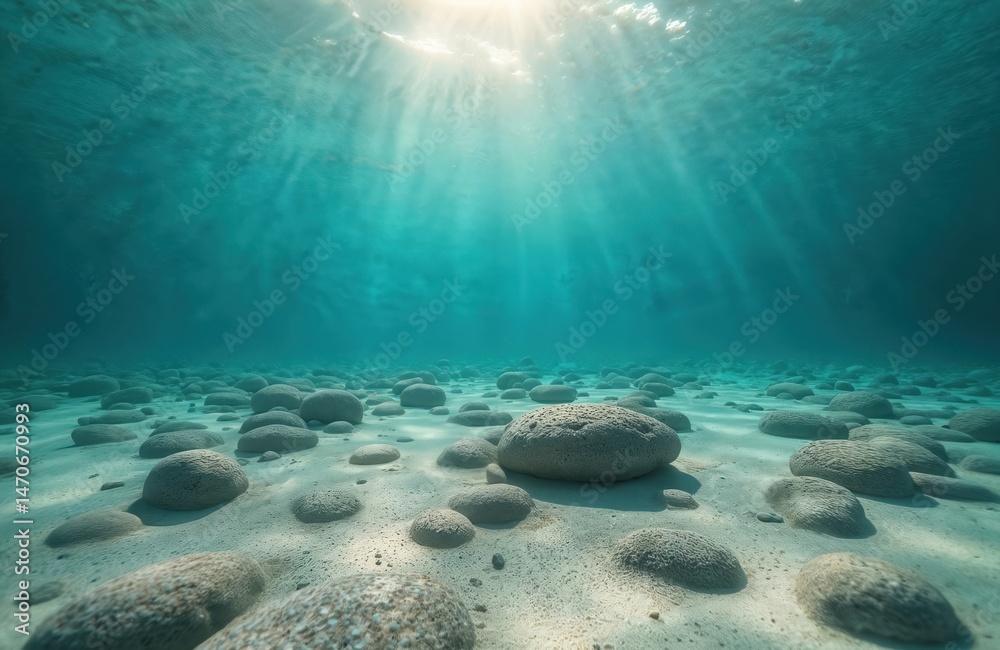 Poster underwater photo with rocks on sandy ocean floor. sunlight filters, creating tranquil scene of calm 