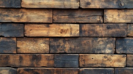 Aged wood planks forming a brick-like wall.  A textured,  rustic design