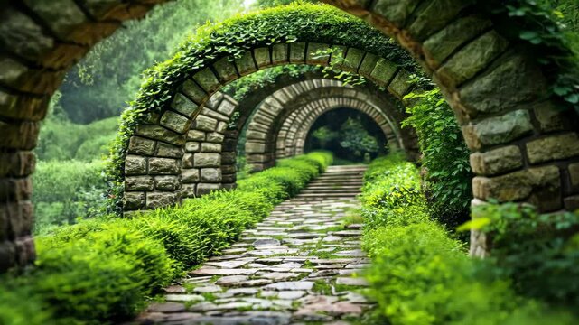 Stone Arch Pathway: A captivating path leads through a series of stone arches overgrown with vibrant greenery, creating an enchanting passageway for the imagination to wander.