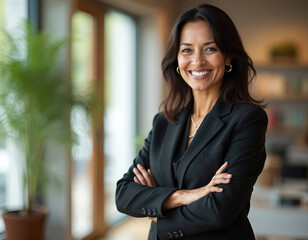 Confident mid-aged Indian businesswoman smiles with folded arms. Wears black formal suit, jewellery in office setting. Mature female boss looks at camera, showing executive leadership. Diversity,