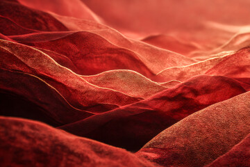 Scarlet Silk Serenity: An abstract composition of flowing crimson fabric, creating a sense of luxurious texture and mesmerizing movement. Capturing a wave-like formation of velvet.