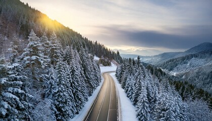 driving on winding road in the winter