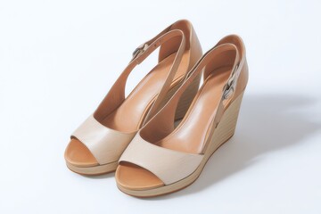 Pair of beige wedge sandals, perfect for summer. Comfortable and stylish!