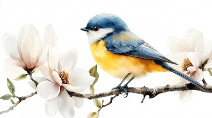 Obraz premium Beautiful White Magnolia Flowers with Bird Illustration in Spring Time