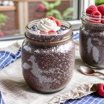 Chocolate Chia Pudding with Fresh Berries in Glass Jar: Healthy yet indulgent chia pudding, ideal for vegan desserts, breakfast recipes, and clean eating content.