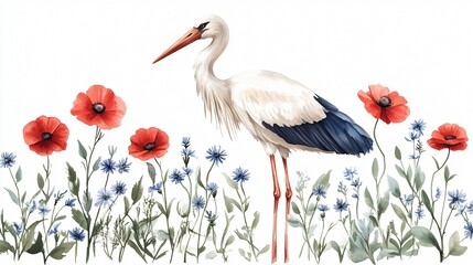 Elegant Stork with Vibrant Red Poppies, Blue Cornflowers, and Chamomile