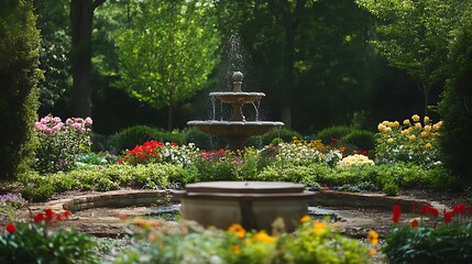 Obraz premium Lush garden fountain surrounded by colorful flowers and greenery.