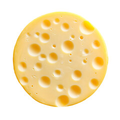 A close-up shot of a single, perfectly round slice of cheese with holes, appetizing and fresh.