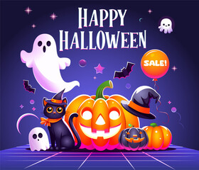 Halloween promotion poster template. Halloween sale promotion banner template with pumpkins, bats, ghosts, balloons. Halloween elements background designs. Spooky illustration on purple backdrop
