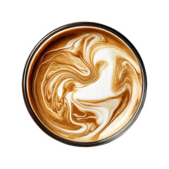 A close-up view of a cup of latte art. The milk is poured in swirling patterns on top of the espresso. The latte art is intricate and beautiful