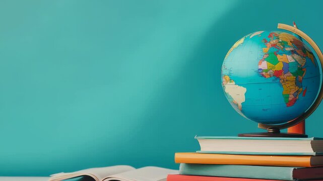A globe sits atop a stack of books against a teal background, an open book at the bottom. The image evokes the atmosphere of education, study, and geographical learning.