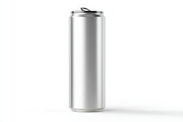 Sleek silver aluminum can with a pull tab, standing tall against a white backdrop.