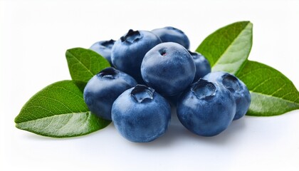 Fototapeta premium a bountiful cluster of fresh blueberries with vibrant green leaves on a pristine white background