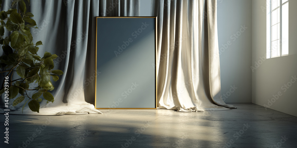 Poster large blank frame with gold border stands between beige curtains on concrete floor sunlight illumina