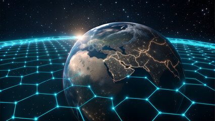 Global communication network connecting the planet, displaying a futuristic digital landscape