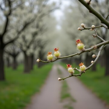 Brotes de flores de rizomas que florecen en el sendero arbolado del parque.