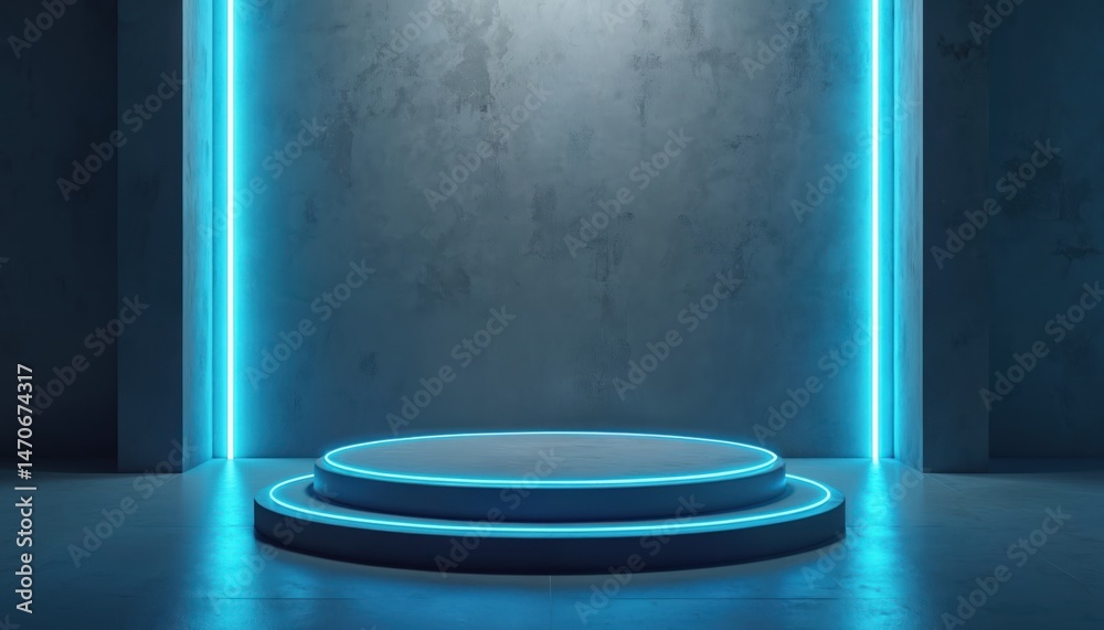 Poster empty podium illuminated neon lights in grey studio room. circle stage with modern geometric design.