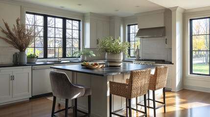 Fototapeta premium Sunlit kitchen showcase, featuring island with dark countertop, woven chairs, and neutral cabinetry. Elegant design, symbolizing modern comfort and style.
