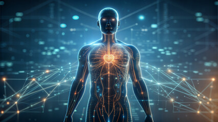 Futuristic representation of human anatomy with network connections in glowing blue tones