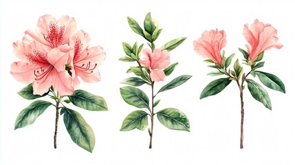 Exotic Azalea Tropical Flowers and Leaves Set Isolated on White Background