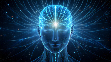 Abstract glowing human head with neural network and energy pathways in space