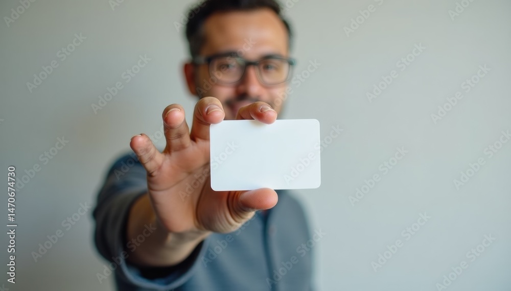 Leinwandbilder man displaying blank card against simple background