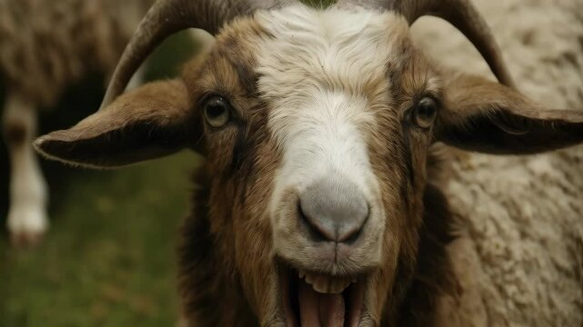 Close-up of a yelling ram with large horns, open mouth showing teeth, surrounded by flock of sheep in a field, outdoors.