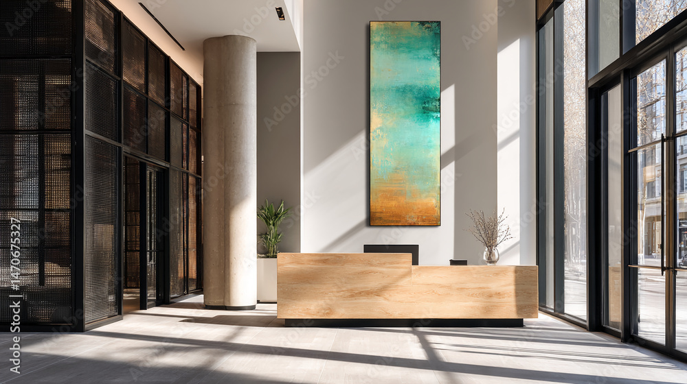 Aufkleber modern office reception area with wooden desk, abstract artwork, and large windows showcasing sunlig