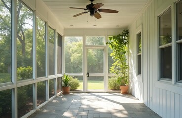 Empty screen porch with lush greenery. Home interior, nature view through the windows. Tranquil outdoor space, sunny day, relaxation, summer vacation. Modern home design.
