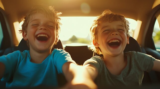 Happy brothers laughing joyfully during a sunny car ride adventure fun kids boys cute warm sweet