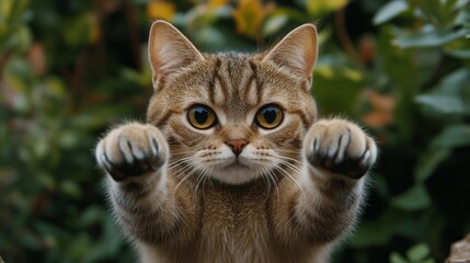 Playful tabby cat with paws raised in front of blurred greenery.