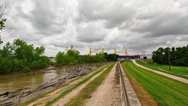 footage along the Mississippi River with logs floating in the water and ships sailing at Chalmette Battlefield in New Orleans Louisiana USA