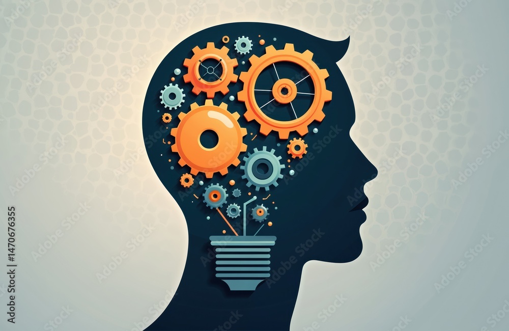 Poster silhouette head with gears cogs symbolizing idea business technology synergy. light bulb inside head