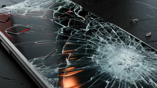 Close-up of a cracked smartphone screen displaying intricate spiderweb shattering on a black surface, suggesting damage and fragility.