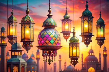 Obraz premium midday vibrant lanterns with mosque outlines in pastel