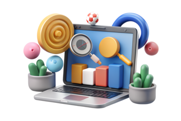 3D illustration of a laptop displaying colorful bar graphs and a magnifying glass, surrounded by playful geometric shapes and potted cactus plants. The design is vibrant and whimsical, suggesting a th
