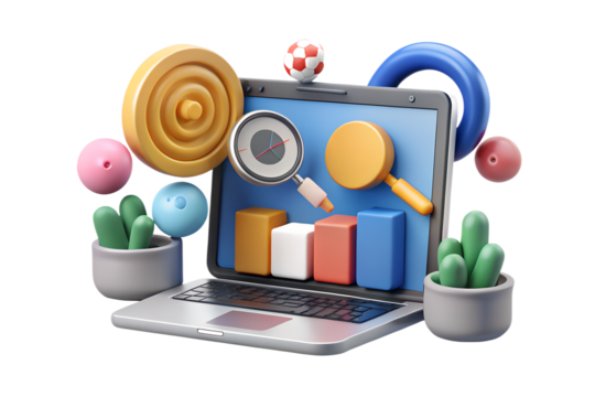 3D illustration of a laptop displaying colorful bar graphs and a magnifying glass, surrounded by playful geometric shapes and potted cactus plants. The design is vibrant and whimsical, suggesting a th