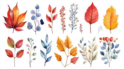 Fototapeta premium Elegant Watercolor Autumn Leaves and Floral Branches
