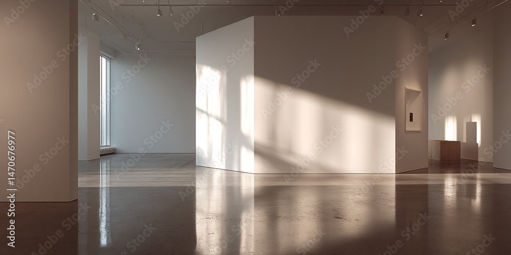Aufkleber minimalist gallery interior, sunlight through window casts shadows on walls and polished floor, show