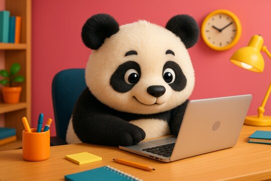 Personagem de panda fofo em 3D usando notebook. Trabalho online. Cursos online. Trabalho freelancer em casa
