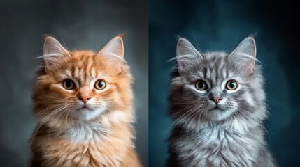 Two fluffy cats, one orange, one gray, presented side-by-side.