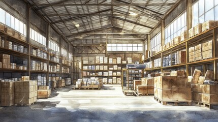 Spacious warehouse interior with numerous storage shelves and boxes.